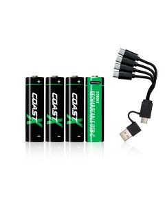 Batterie ricaricabili Coast AA USB-C 1.5V 2400 mAh (4 pezzi) incluse di cavo di ricarica.