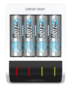Ansmann Comfort Smart Schnell-Ladegerät mit USB Eingang für 1-4 NiMH Akkus  AAA / AA Inkl. 4 Stück. AA 2100mAh Batterien